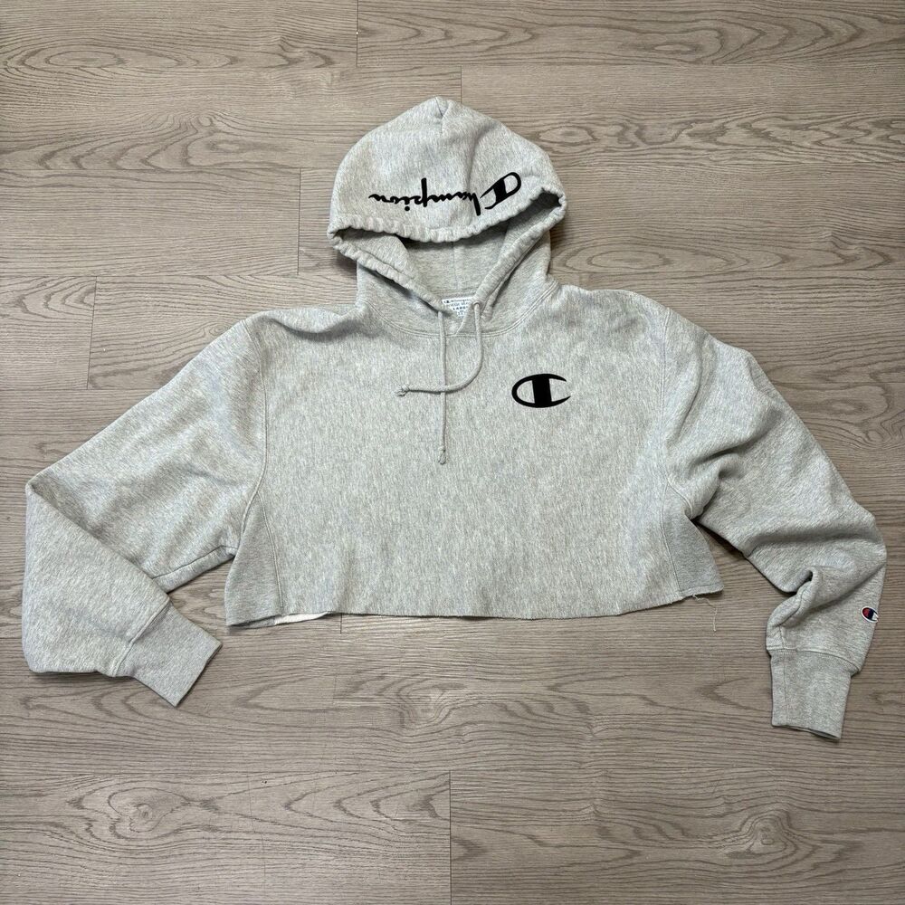Champion Reverse Weave Cropped Oxford Gray Hooded Sweatshirt Size Large